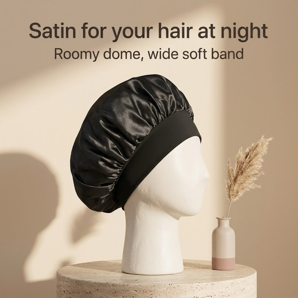 Satin hair bonnet worn in bed