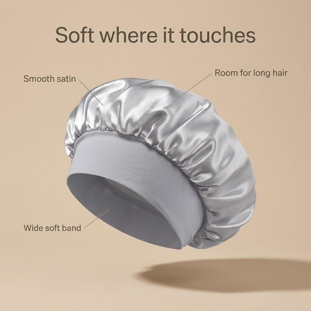Satin hair bonnet details: smooth satin and wide soft band