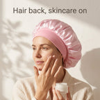 Satin hair bonnet worn during a skincare routine