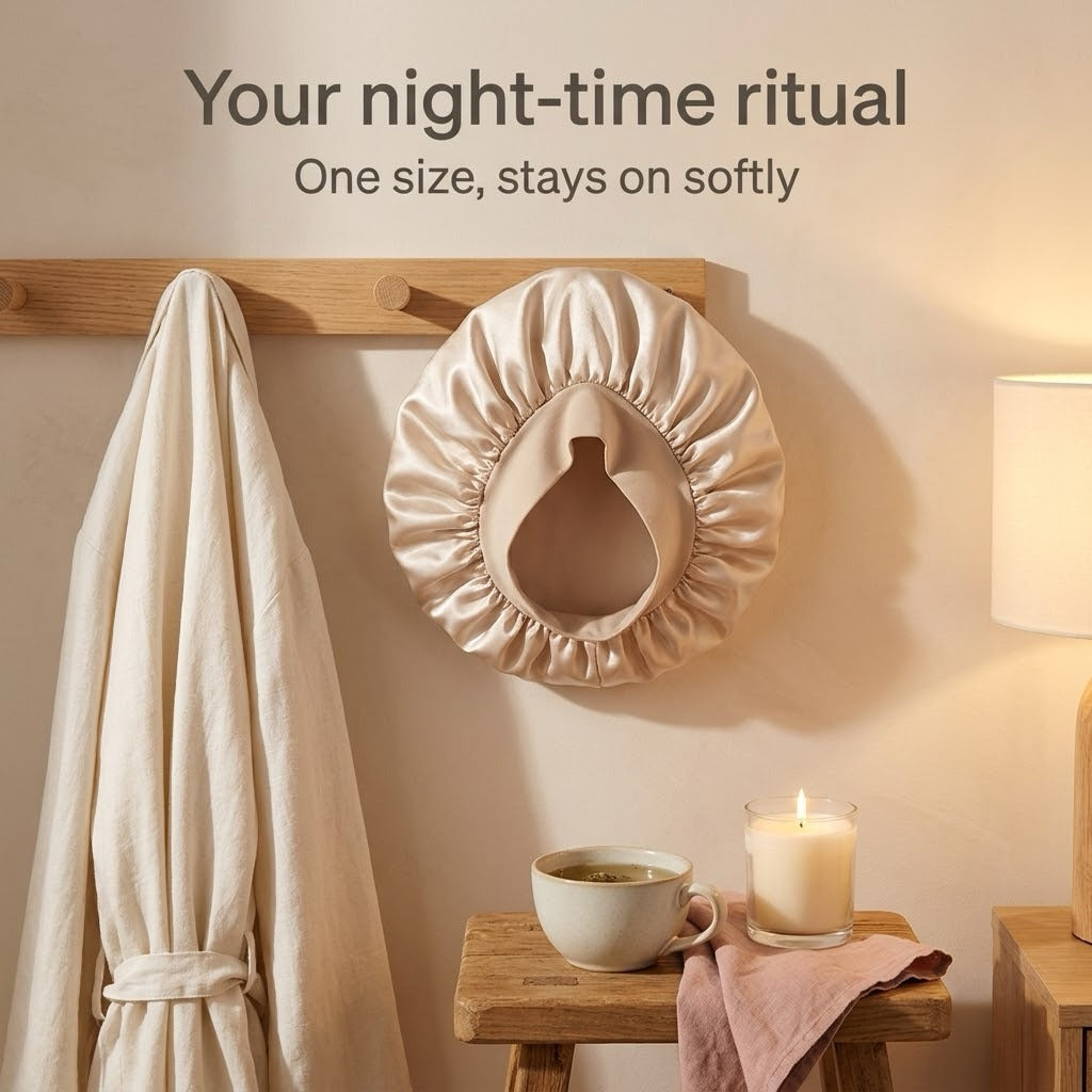 Evening hair care ritual with a satin bonnet