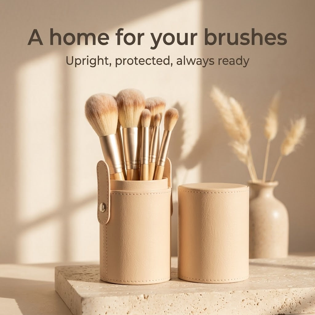 Apricot brush holder with makeup brushes standing upright