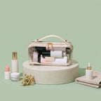 Clear flat lay makeup bag with cream trim