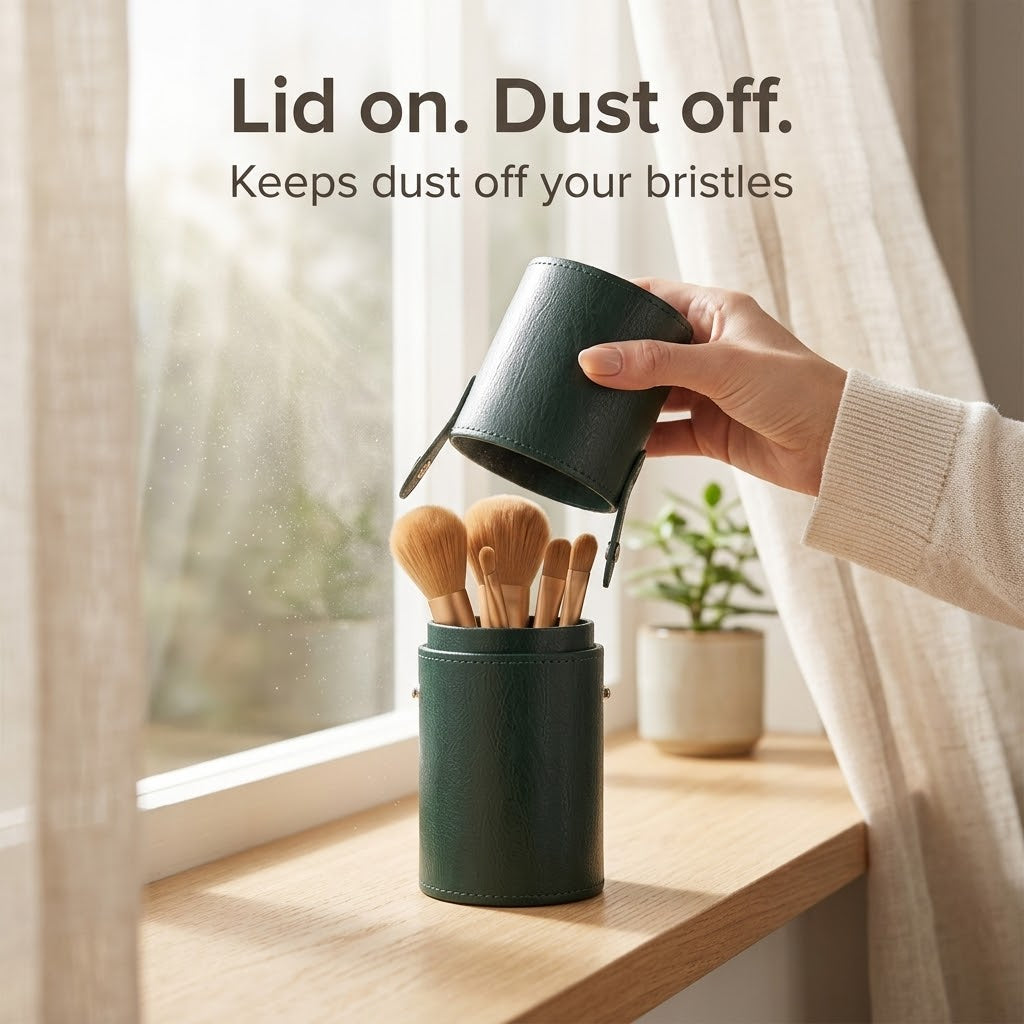 Dark green brush holder with lid keeps dust off the bristles