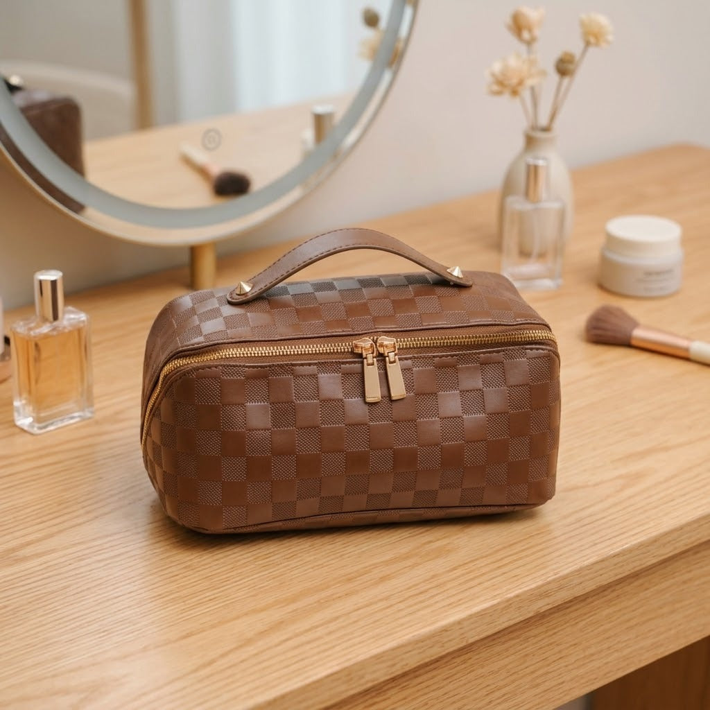 Expandable travel makeup bag brown check