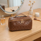 Expandable travel makeup bag brown check