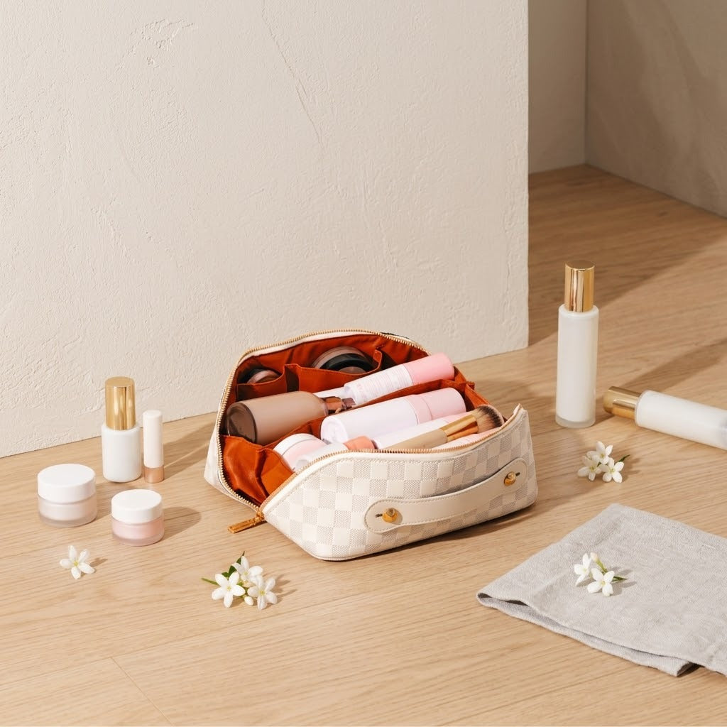 Expandable travel makeup bag white check open