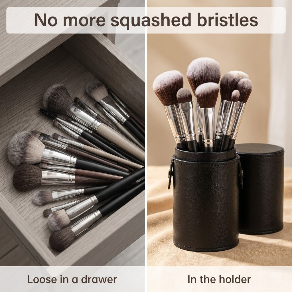 Brushes stand upright in the black brush holder