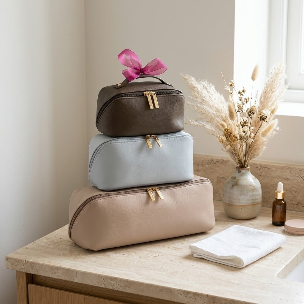 Set of 3 flat makeup bags stacked