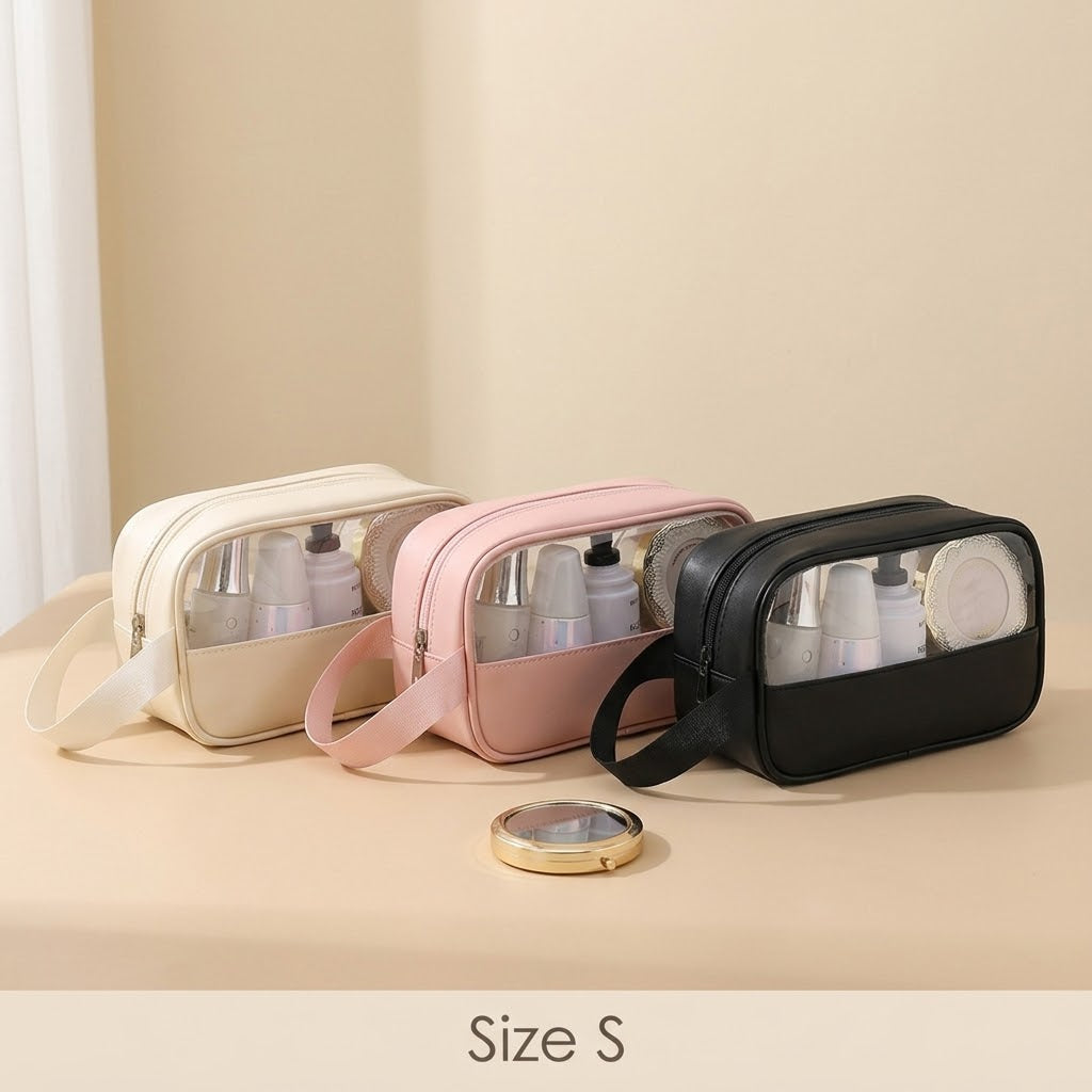 Size S makeup bags in beige, pink and black