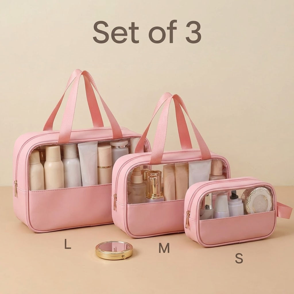 Set of 3 pink makeup bags, sizes L, M and S