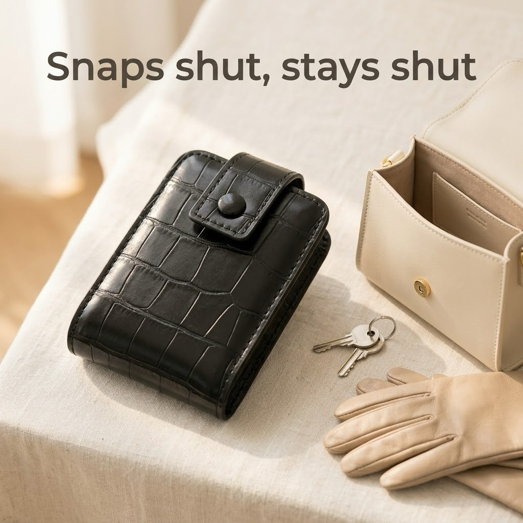 Black croc-embossed lipstick case with snap button closure