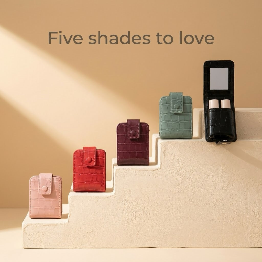 Lipstick case in five colors: pink, red, wine red, green and black