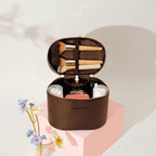 Oval vanity train case brown open