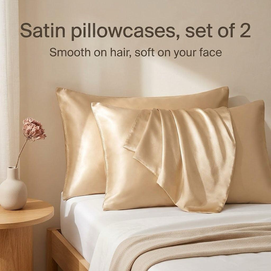Champagne satin pillowcases, set of 2, on a bed in morning light