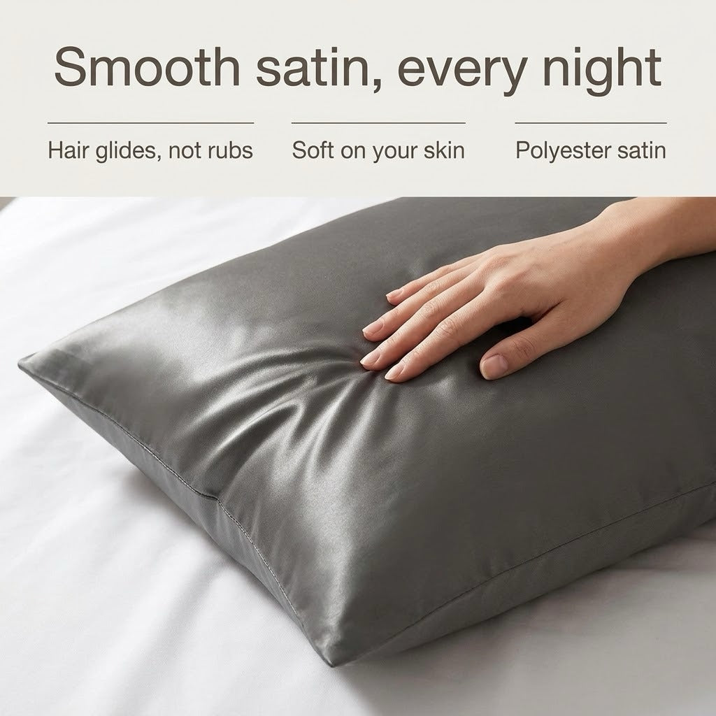 Hand on a dark grey satin pillowcase showing the smooth fabric