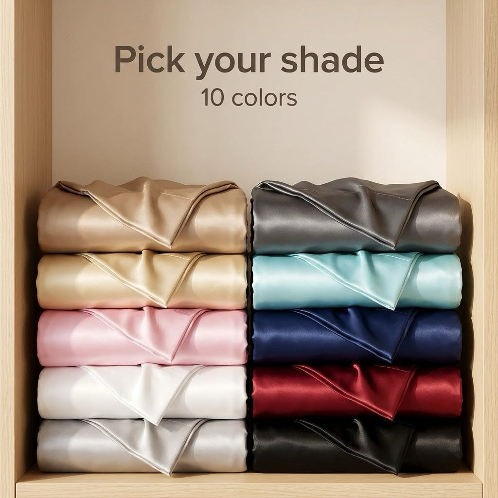Satin pillowcases in 10 colors folded on a shelf