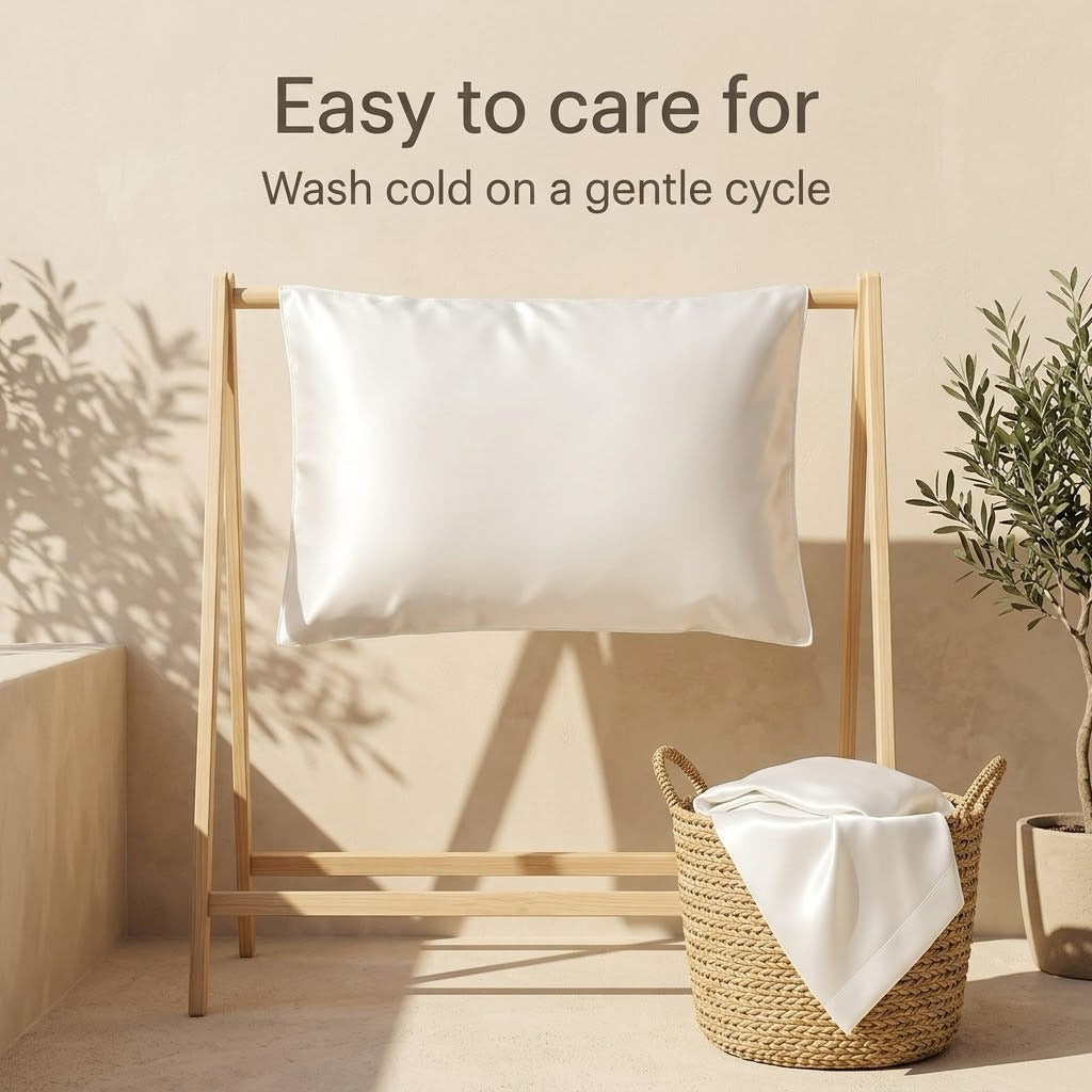 White satin pillowcase drying on a wooden rack