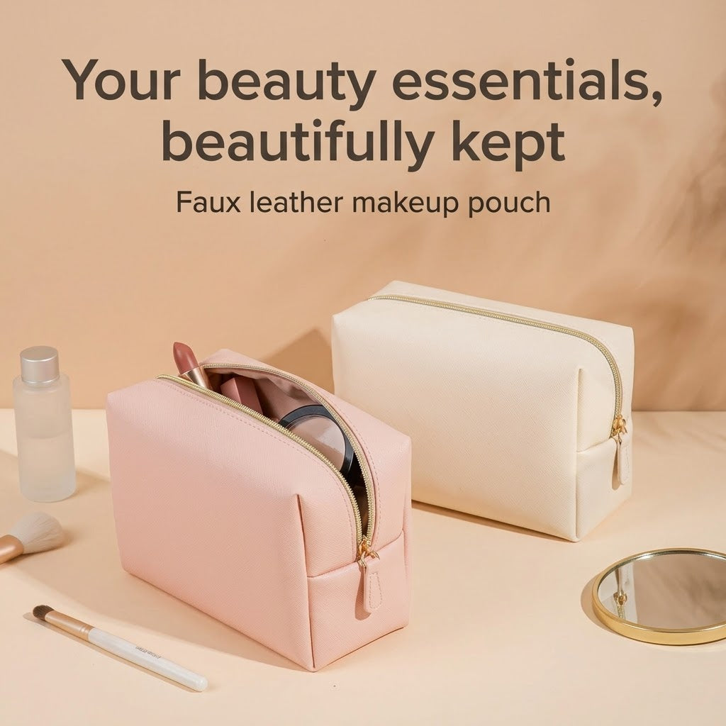 Pink and beige faux leather makeup pouches on a vanity table