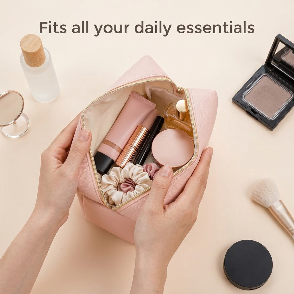 Open pink makeup pouch filled with daily beauty essentials