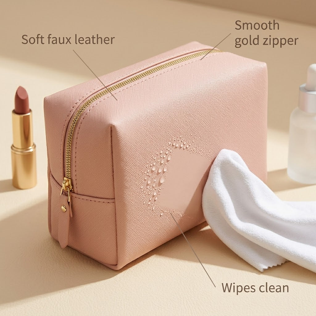 Pink faux leather texture and gold zipper, wipes clean