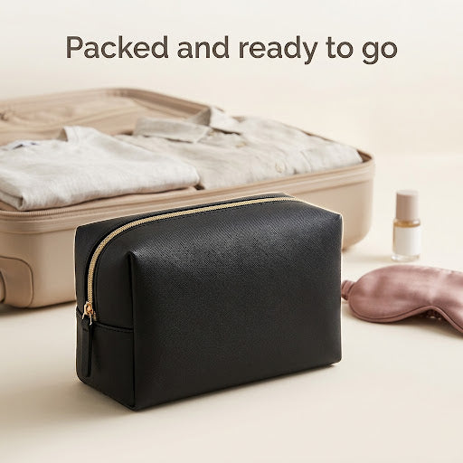 Black makeup pouch in front of a packed suitcase