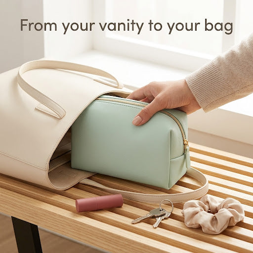 Mint makeup pouch being put into a tote bag