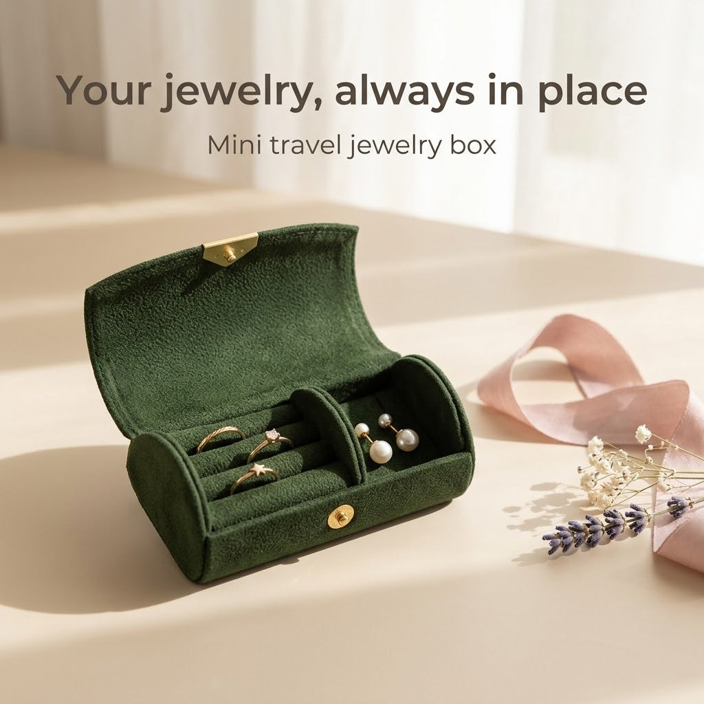 Mini travel jewelry box in dark green, open with rings and pearl earrings