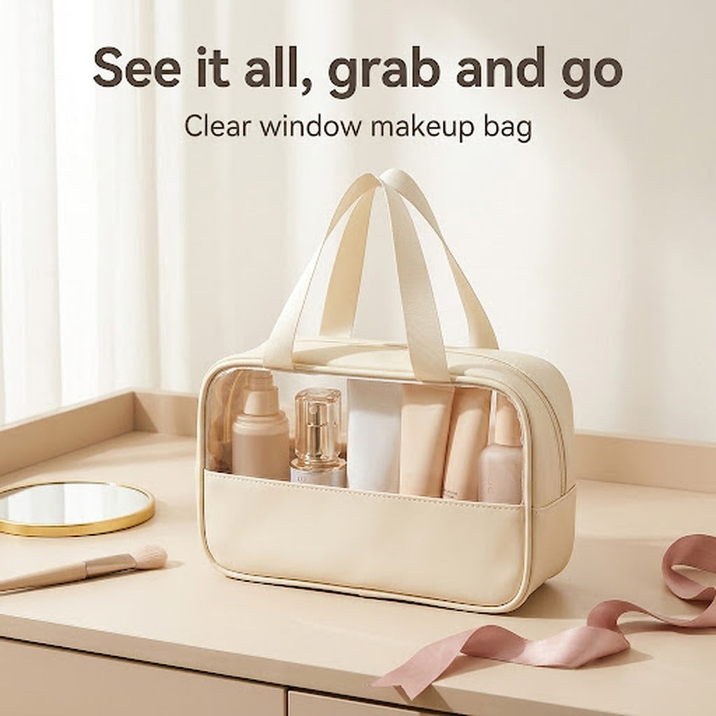 Clear window makeup bag in beige on a vanity table