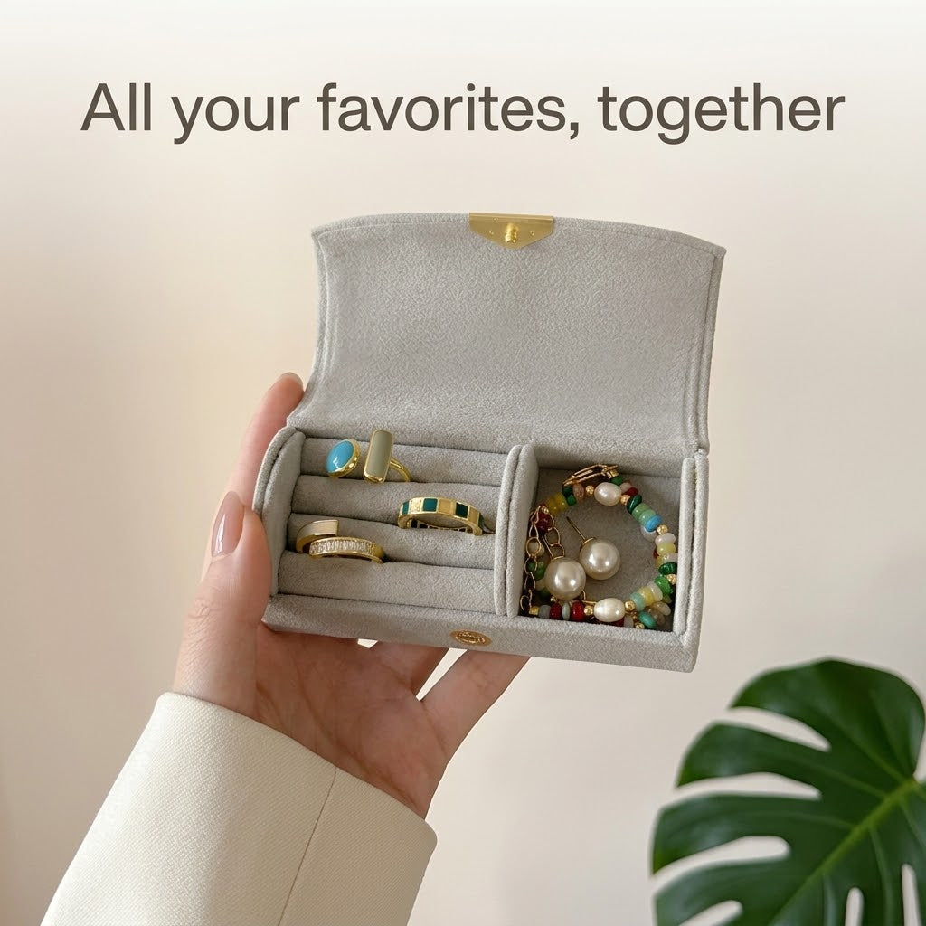 Grey jewelry box in hand with rings, earrings and bracelet inside