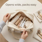 Makeup bag opens wide for easy packing