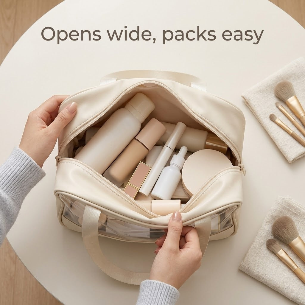 Makeup bag opens wide for easy packing