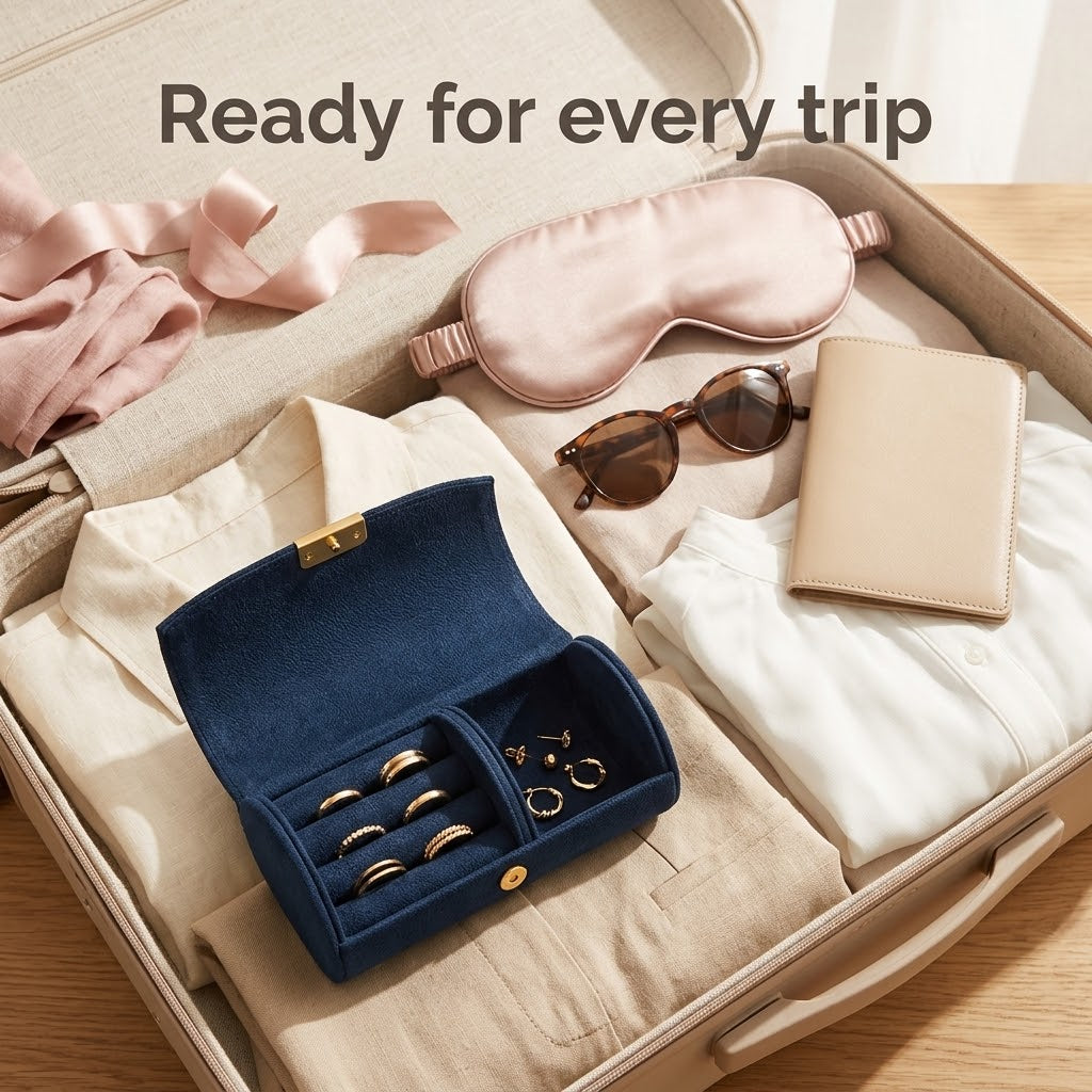 Navy jewelry box packed in a suitcase for travel