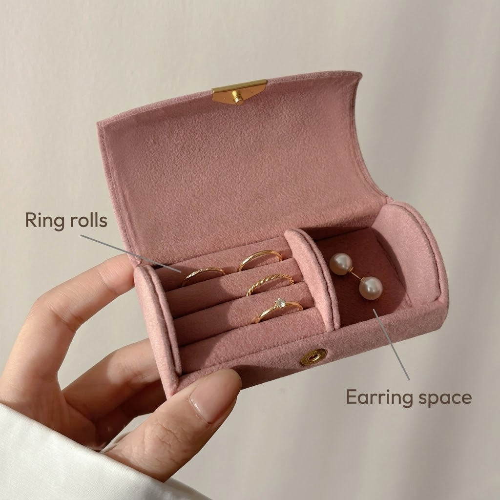 Pink jewelry box showing ring rolls and earring compartment