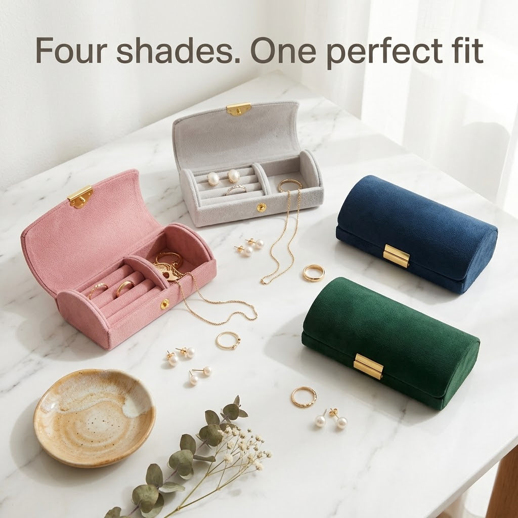 Four jewelry boxes on a marble vanity with gold jewelry