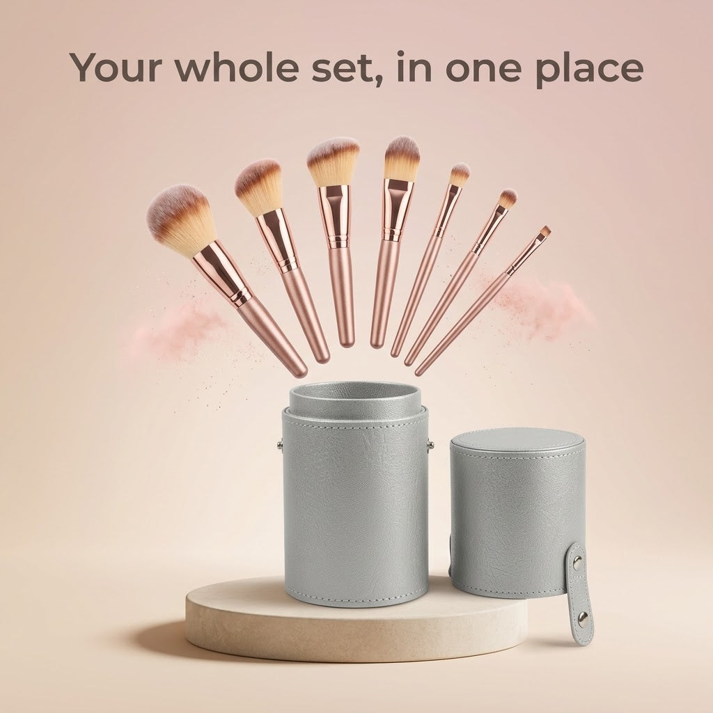 Silver brush holder with a full set of makeup brushes