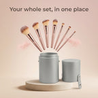 Silver brush holder with a full set of makeup brushes