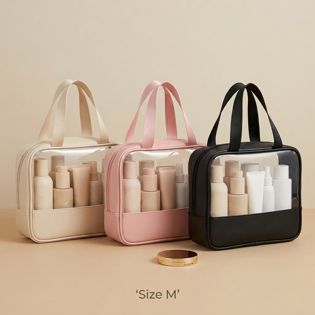 Size M makeup bags in beige, pink and black