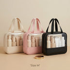 Size M makeup bags in beige, pink and black